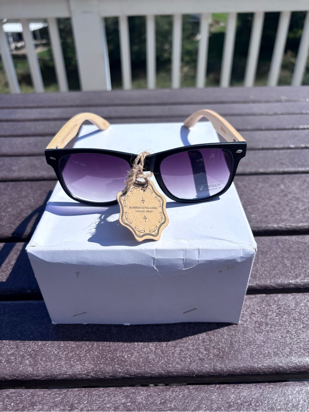 Bamboo-Arm Sunglasses with Purple Gradient Lenses
